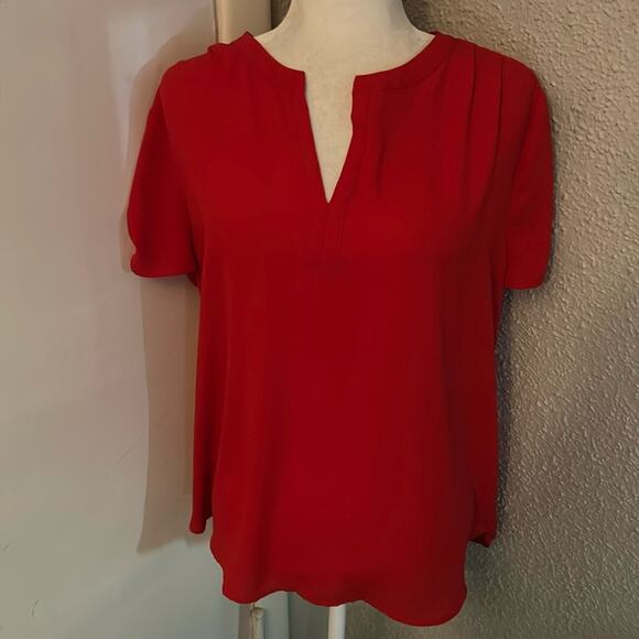 Pleione Red V-Neck Short Sleeve Blouse M Cherry Girl Holiday Corporate Siren - Picture 1 of 9